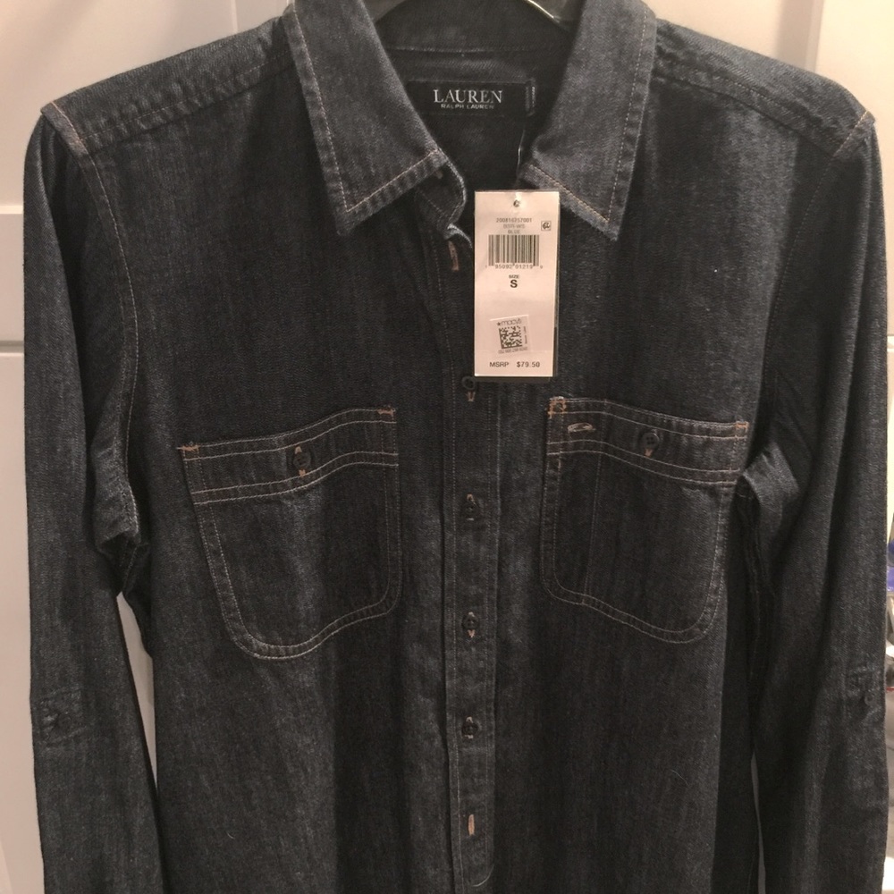 Lauren Ralph Lauren dark blue Denim long sleeve roll up shirt Size MEDIUM - Picture 2 of 8
